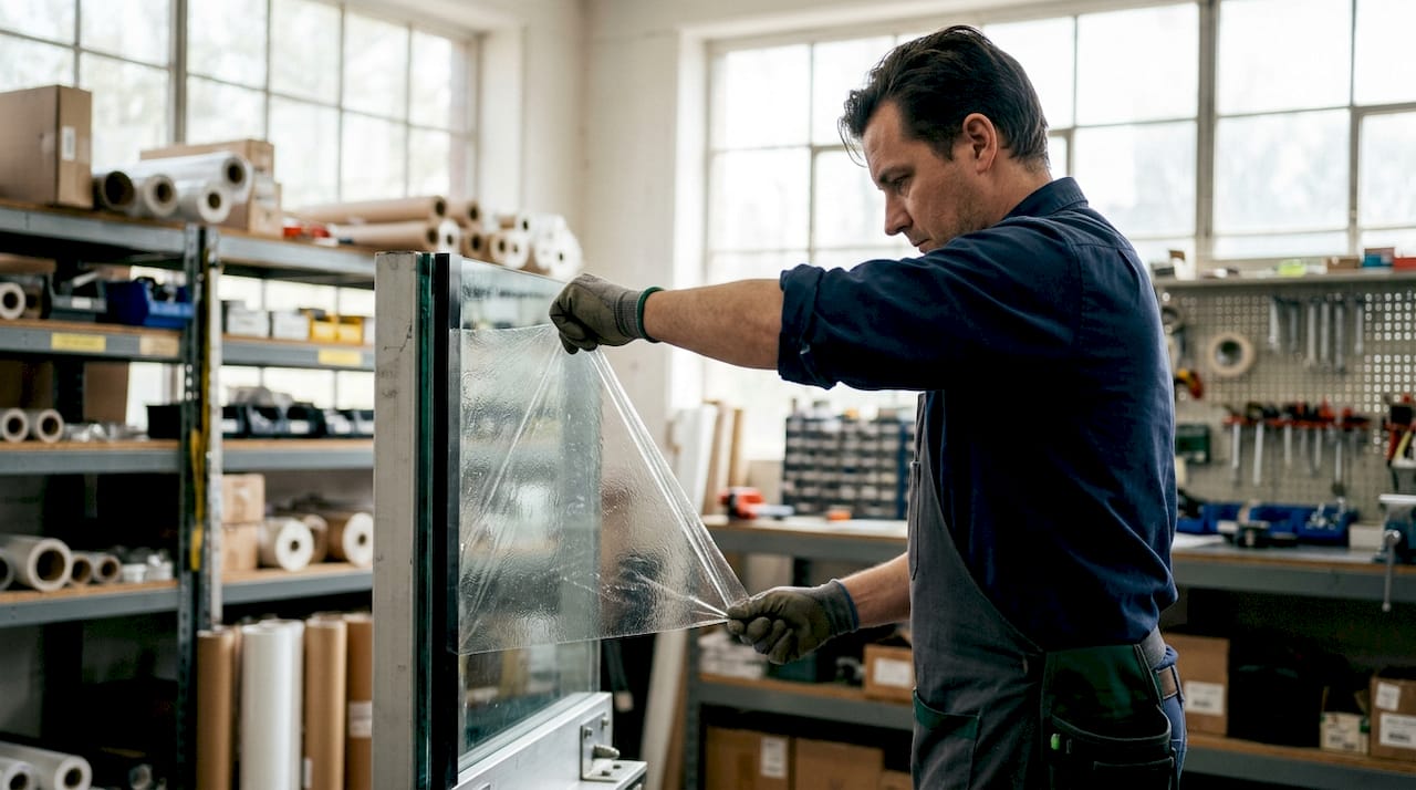 Close-up of security film strength test on metal frame