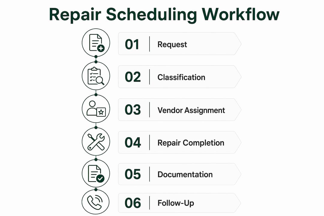 Infographic showing six-stage window repair workflow