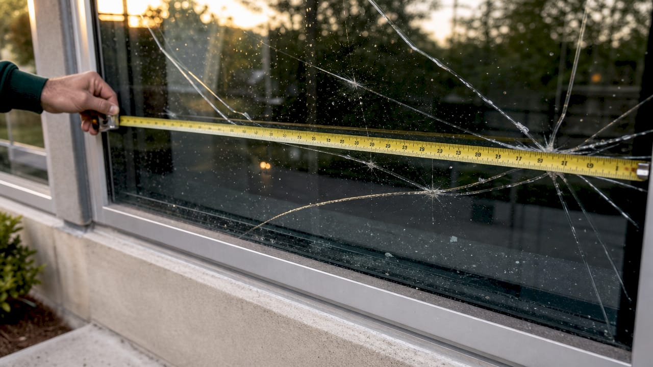 Close-up of cracked glass with scale ruler