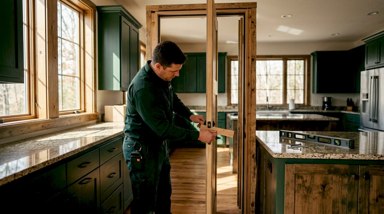 Hands fitting pre-hung door frame with tools