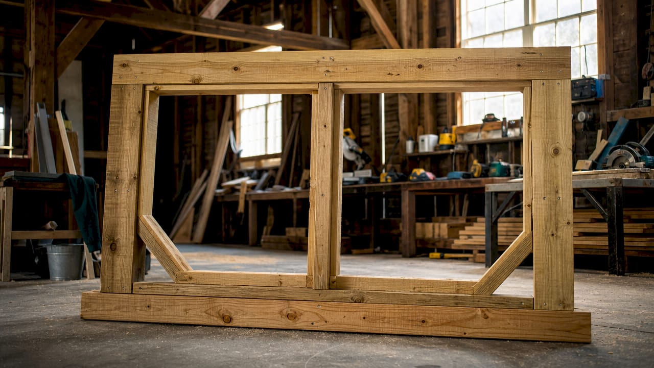 Close-up of pressure-treated wood window buck in masonry opening