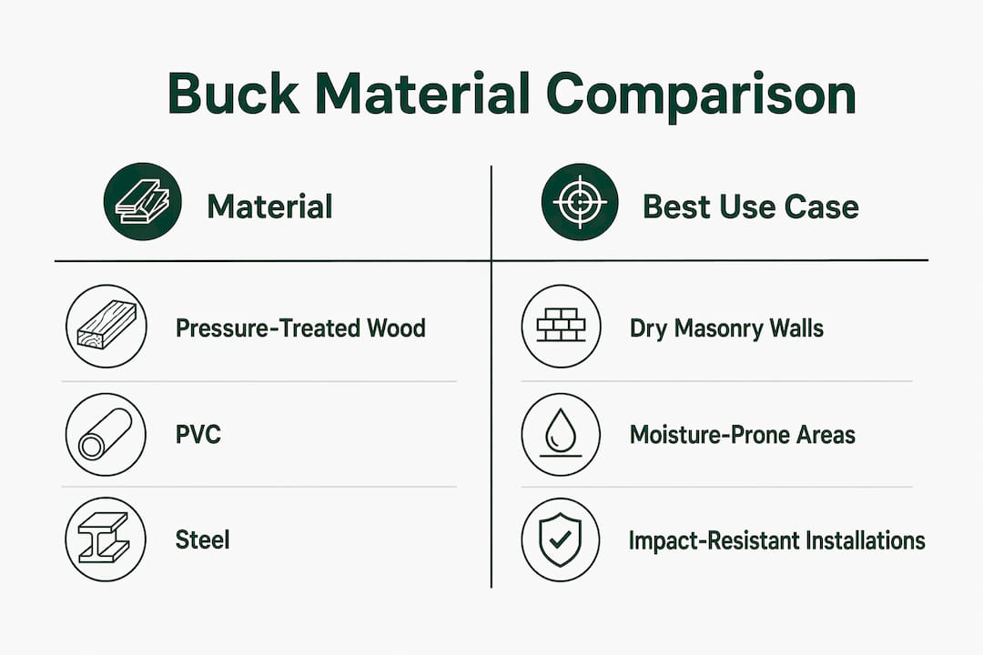 Infographic comparing window buck framing materials and uses