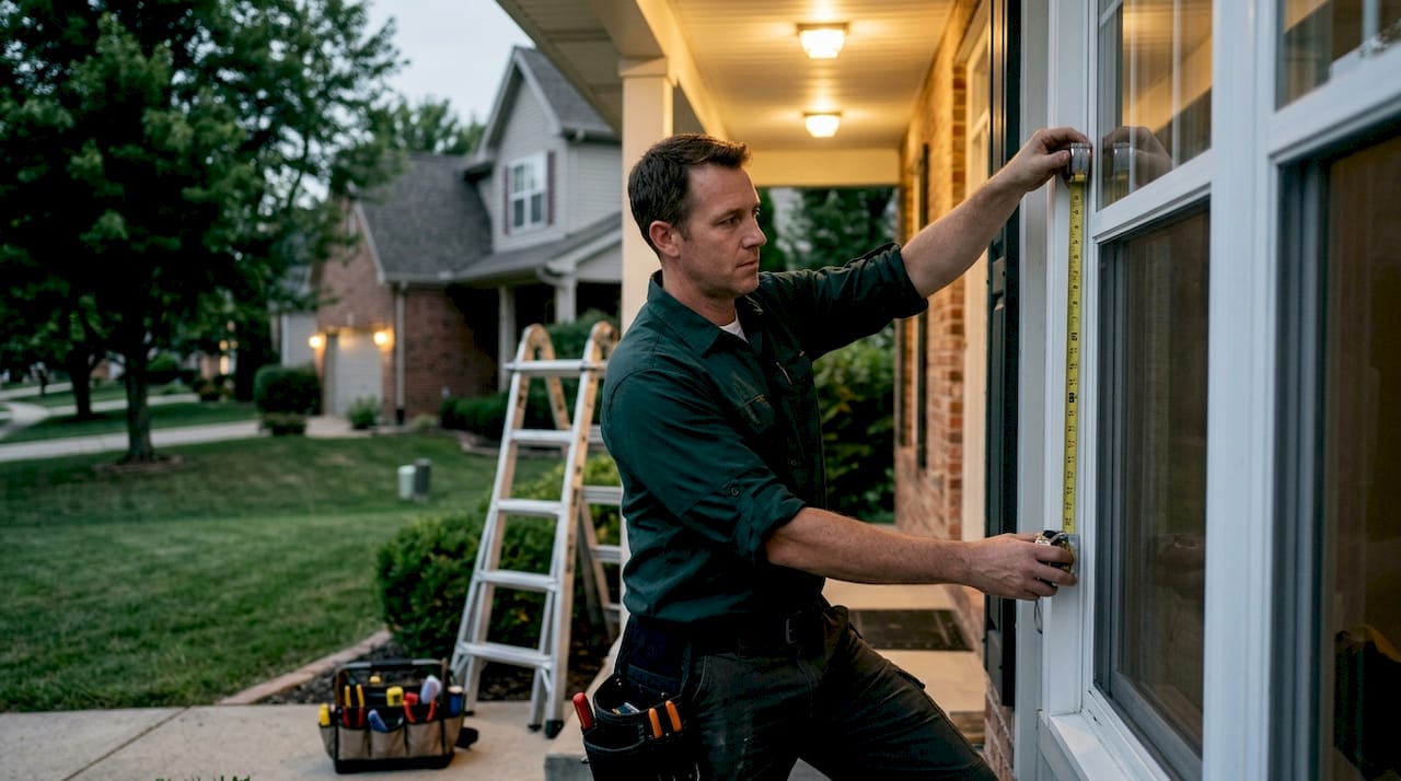 Close-up of hands measuring window frame for replacement
