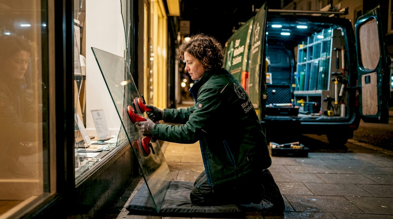 Female glazier repairing storefront window at night