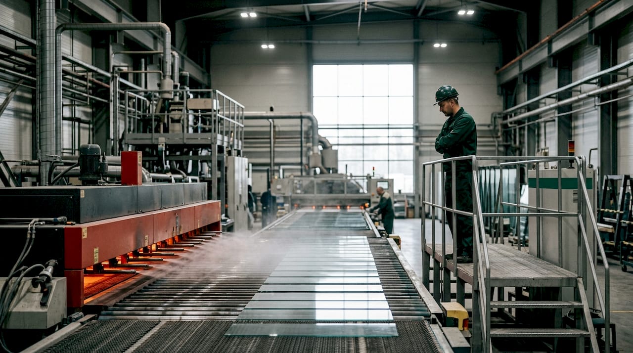 Technician overseeing tempered glass cooling manufacturing