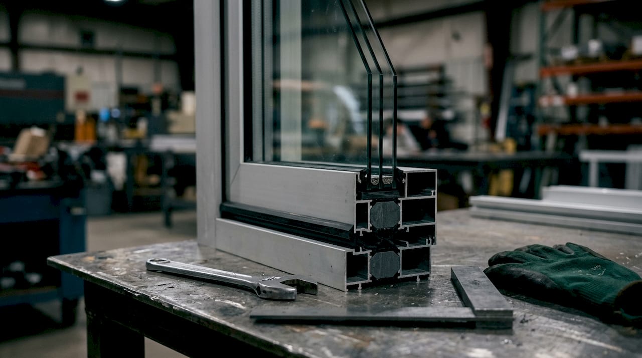 Close-up of aluminum storefront window frame and glazing components