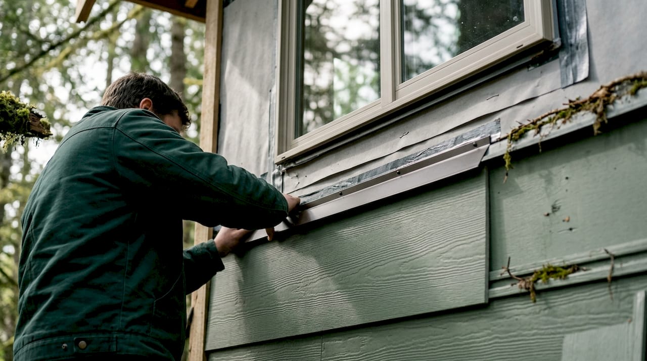Close-up of window flashing and siding installation detail