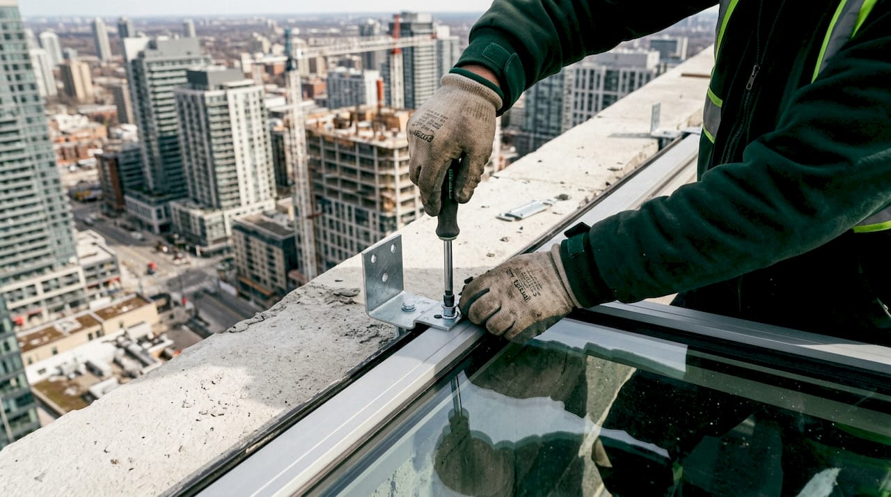 Close-up hands securing window anchors on commercial frame