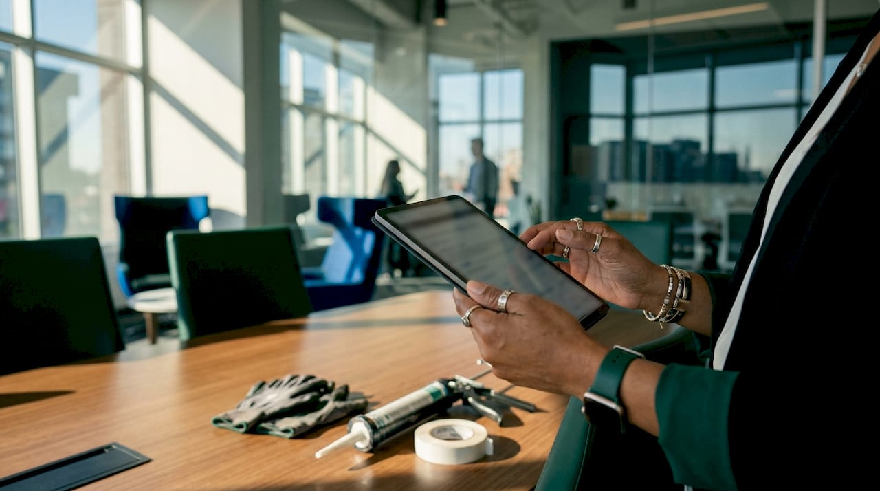 Hands holding tablet near corridor glass