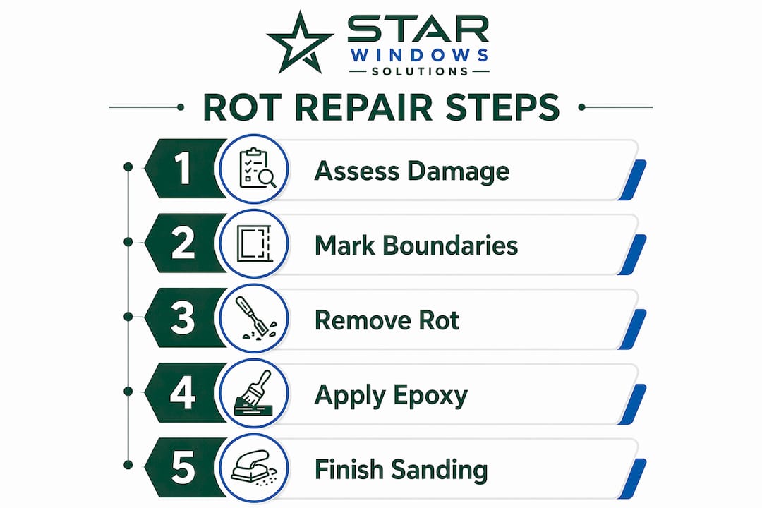 Infographic showing step-by-step window rot repair