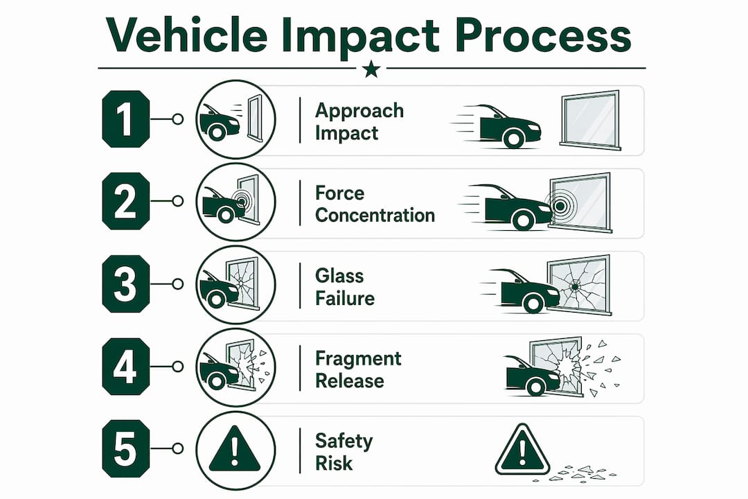 Infographic explaining vehicle impact and glass breakage process
