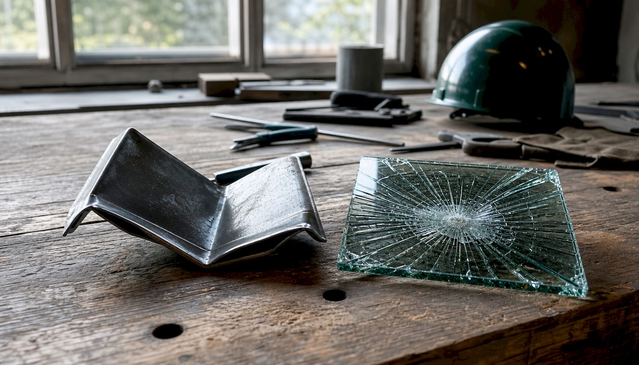 Close-up comparison of bent steel and shattered glass