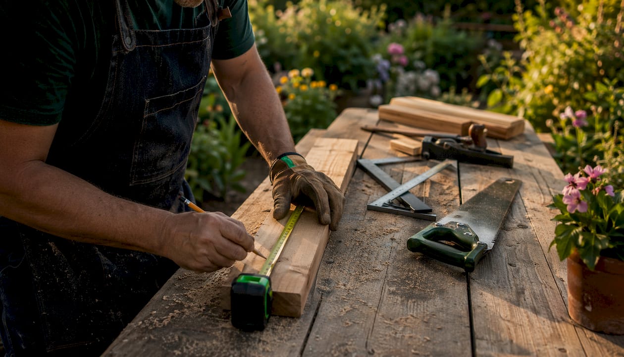 Carpenter measuring wood lumber for door frame