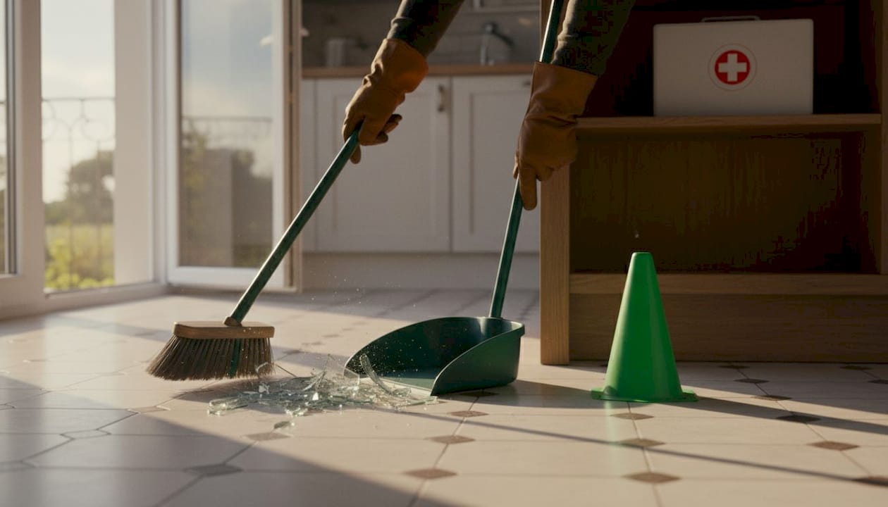 Gloved hands cleaning glass shards
