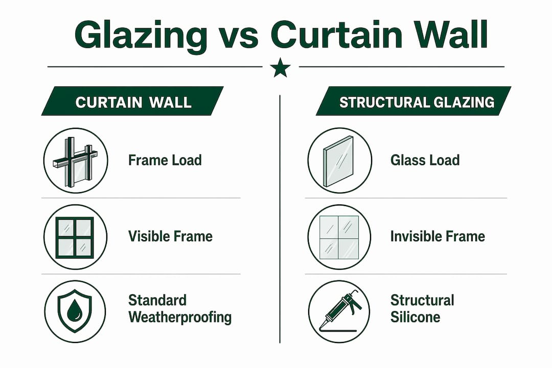 Infographic comparing structural glazing and curtain wall systems