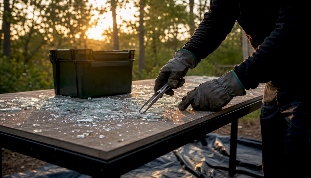 Hands safely collecting broken glass shards with tweezers