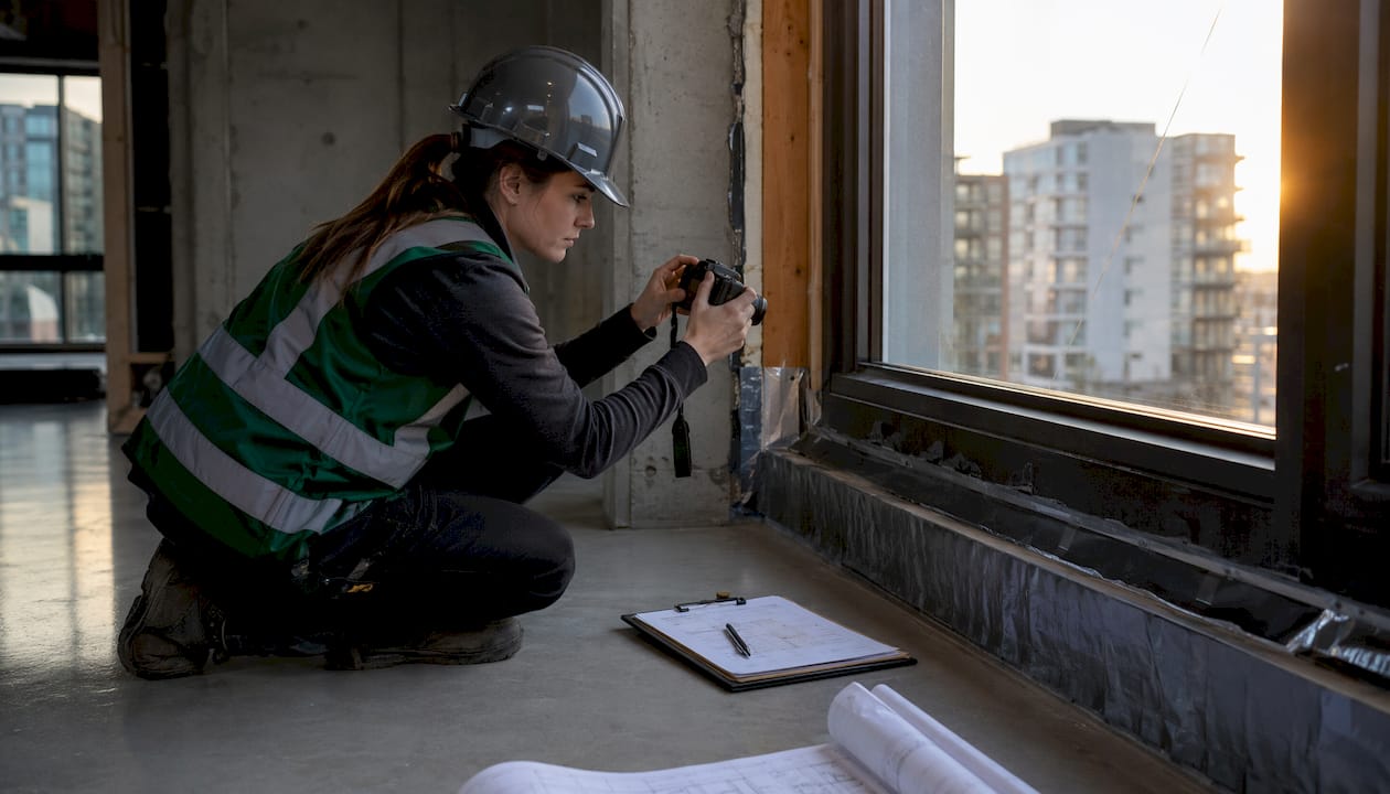 Installer photographing window flashing area