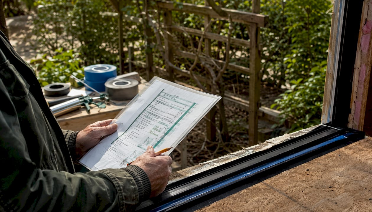 Installer reviewing water management checklist hands close-up