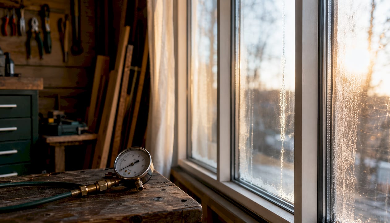 Close-up of fogged triple-pane window and pressure test