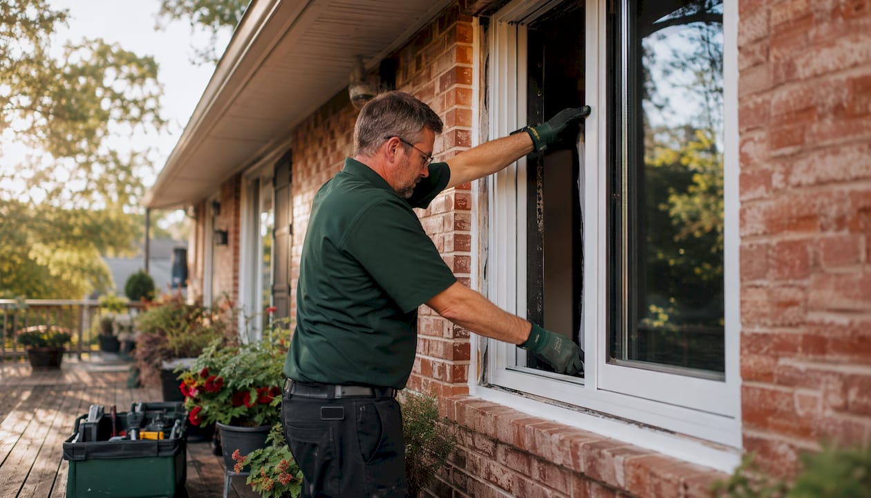 Window installer measuring frame outdoors