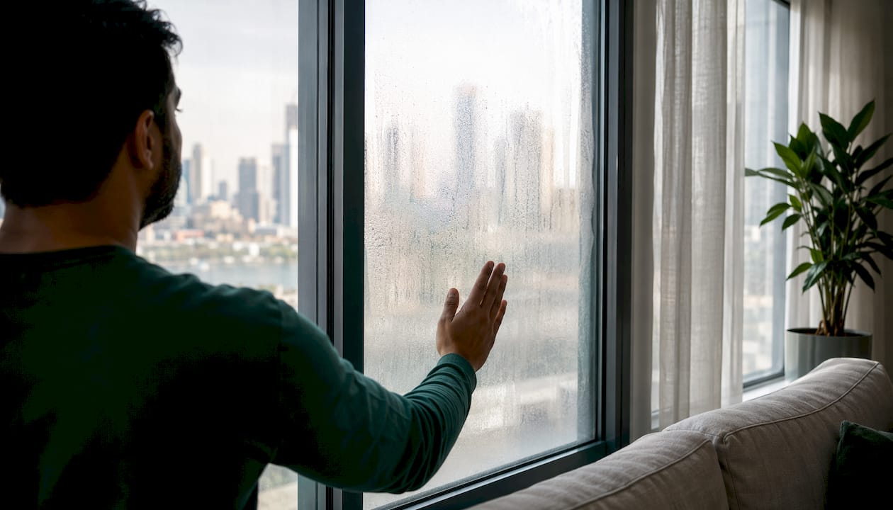 Hand wiping condensation inside double-pane window