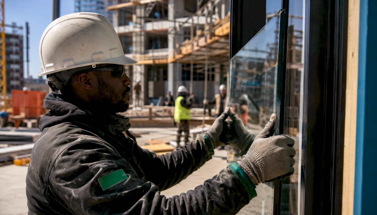 Installer positioning annealed float glass pane