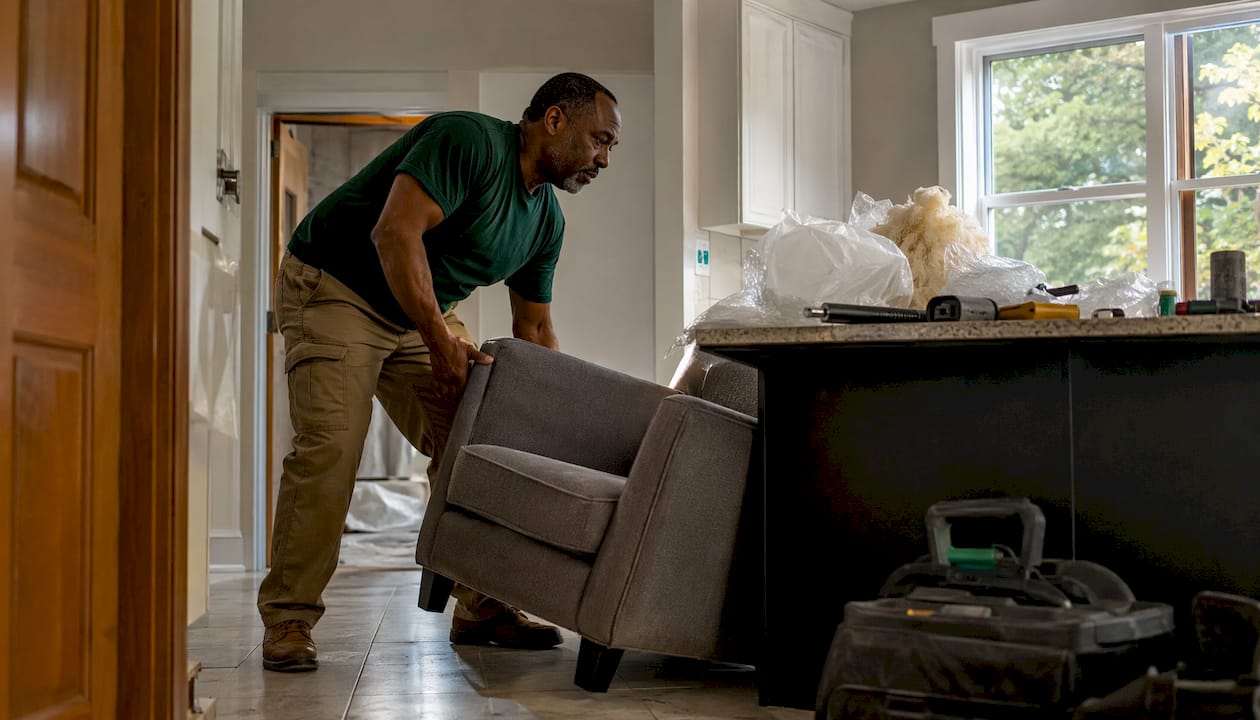 Man moving furniture indoors for window install