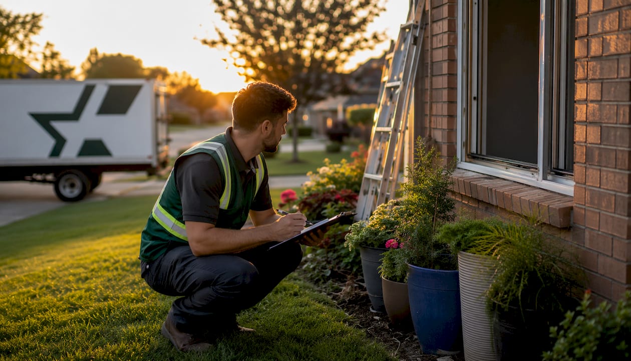 Outdoor professional inspecting window site preparation