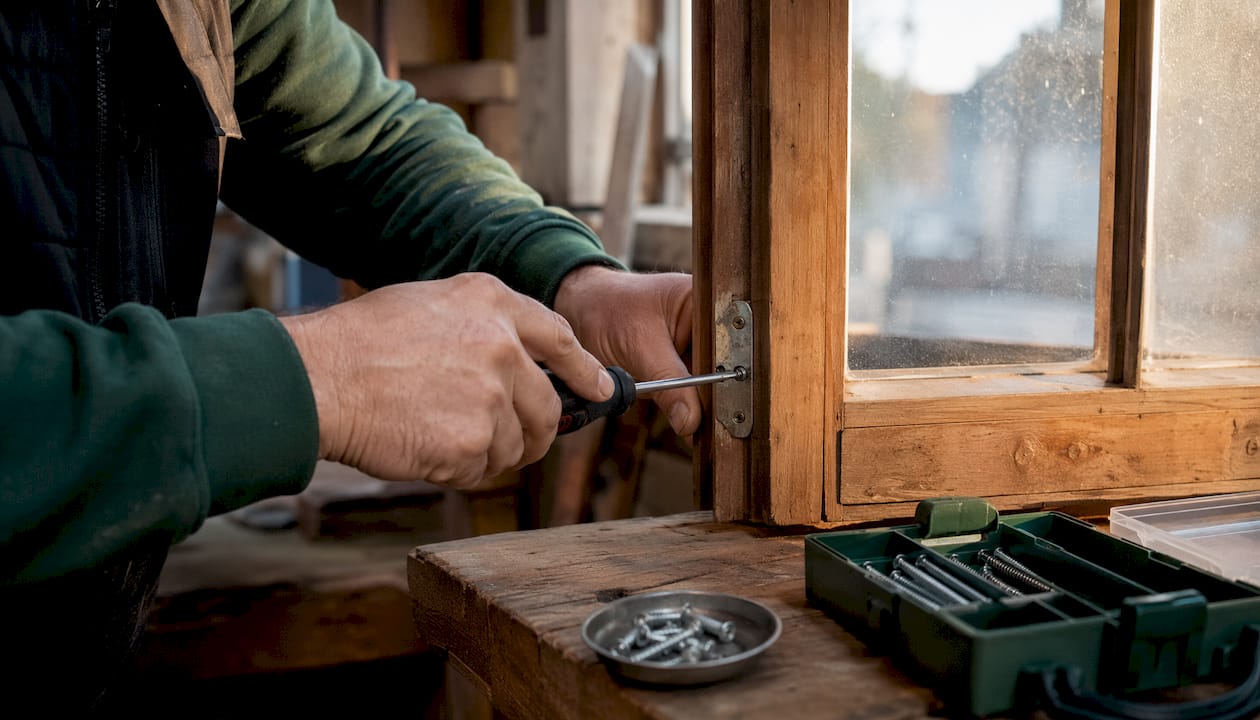 Hands fitting longer screws on window striker plate