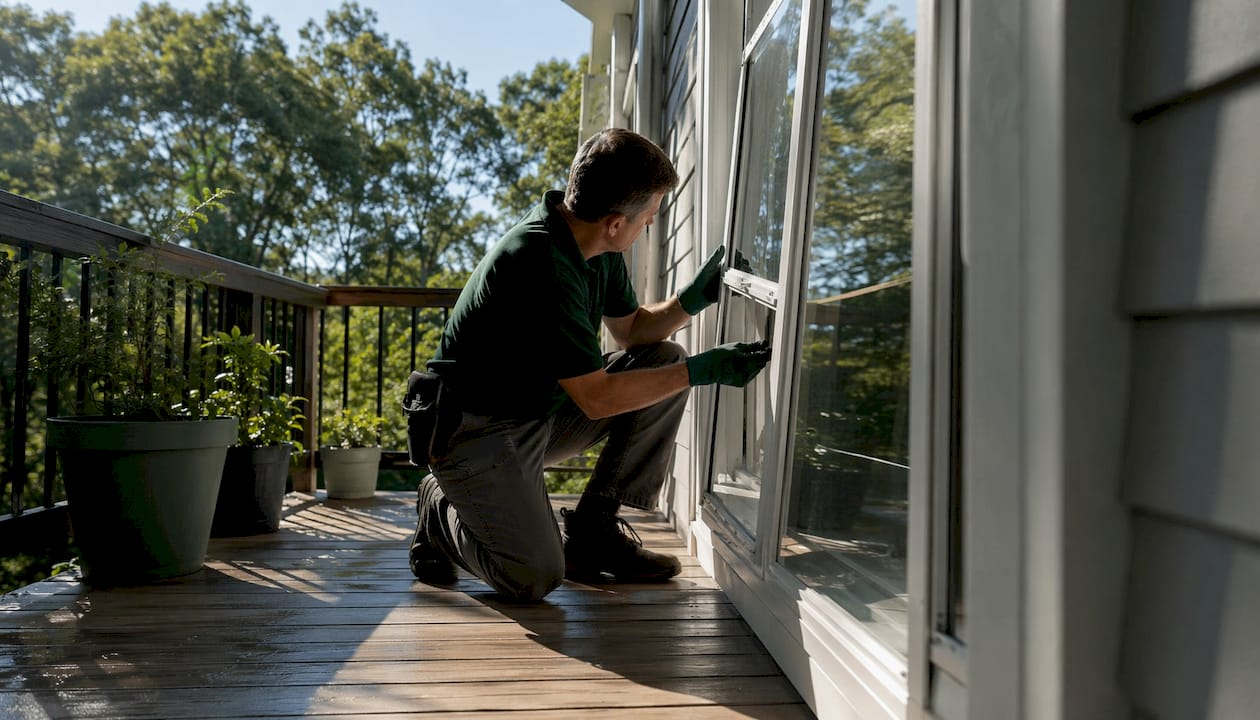Hands testing damaged vinyl window sash outdoors