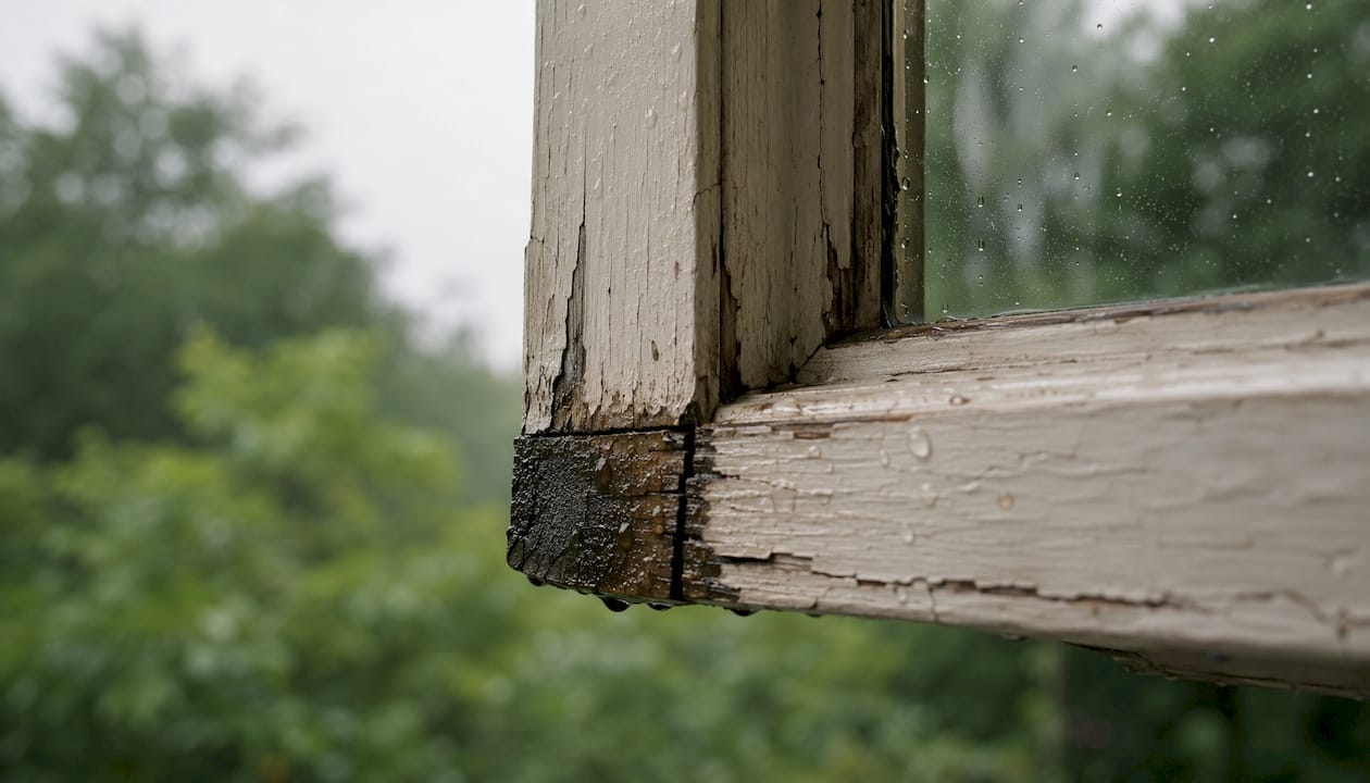 Close-up of moisture damaged wood window frame corner