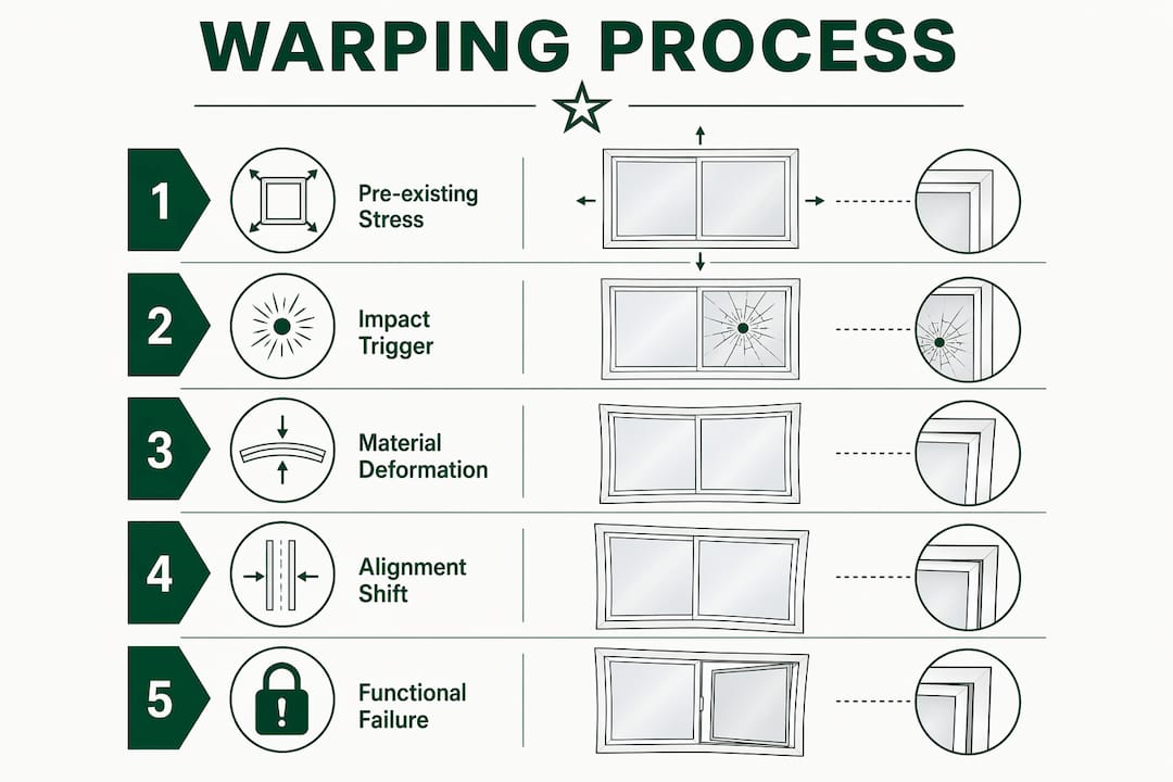 Infographic illustrating stages of window frame warping