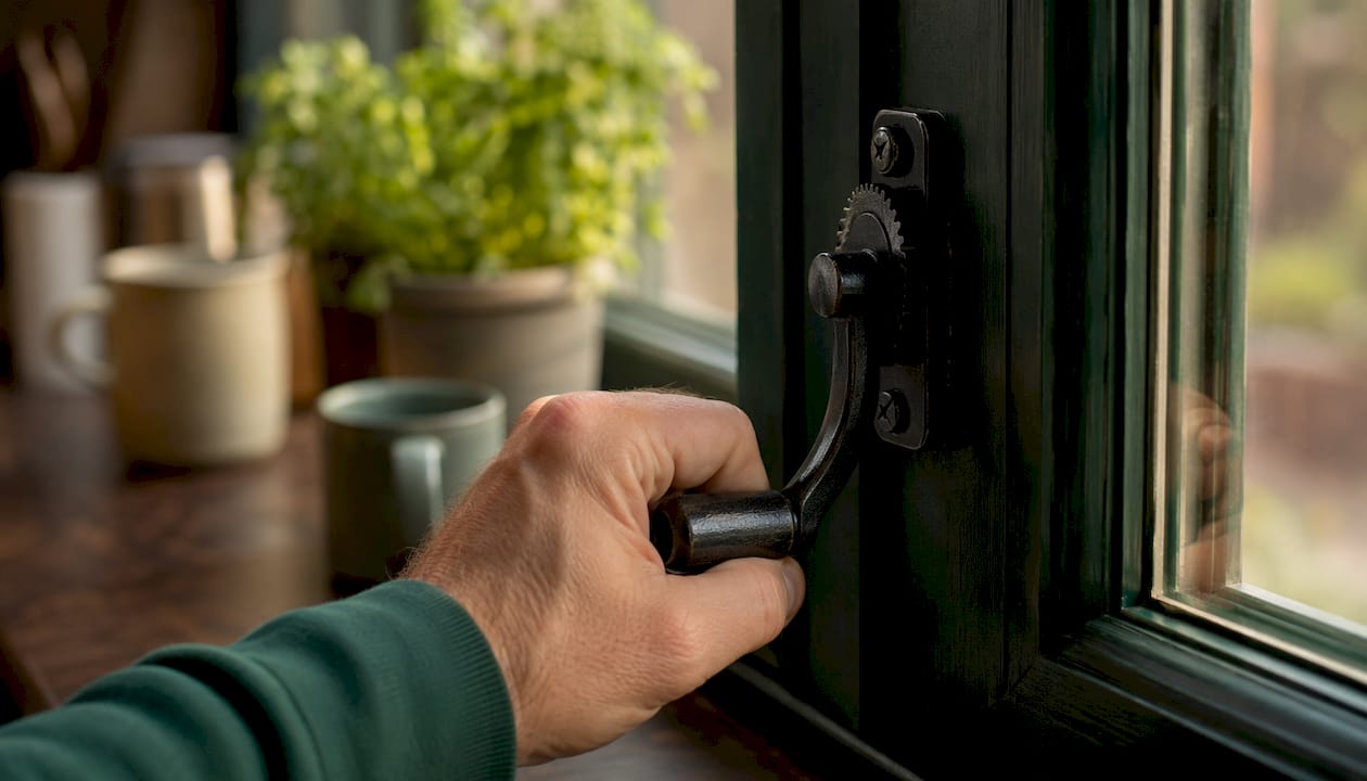 Close-up of hand turning casement window crank