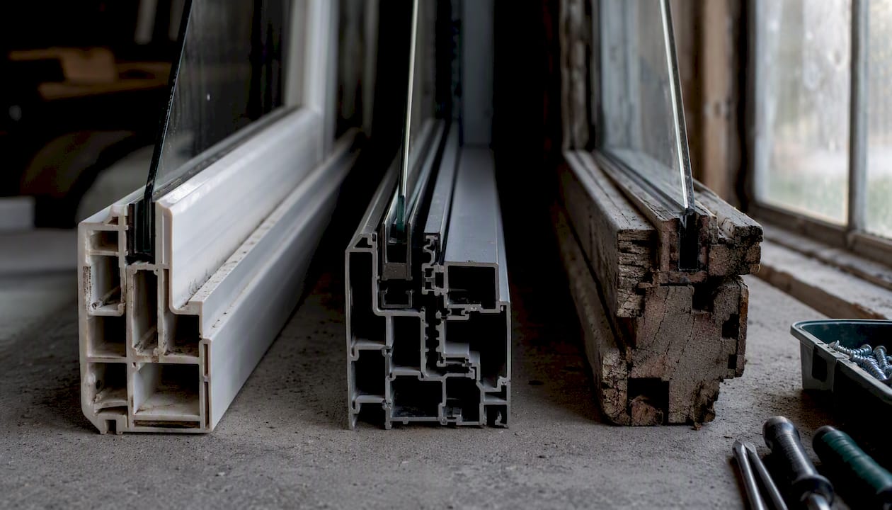 Close-up of storm window frame material samples