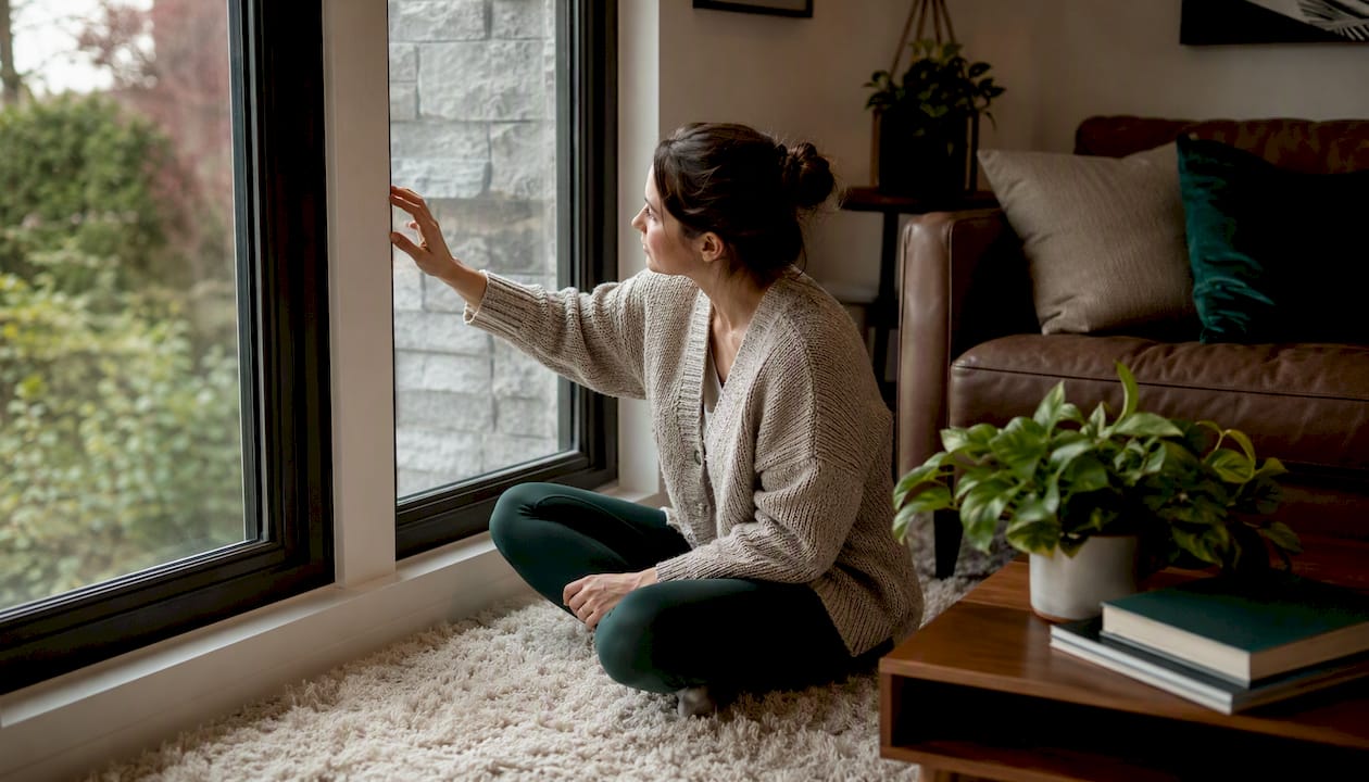 Woman inspecting insulation air gap on storm window