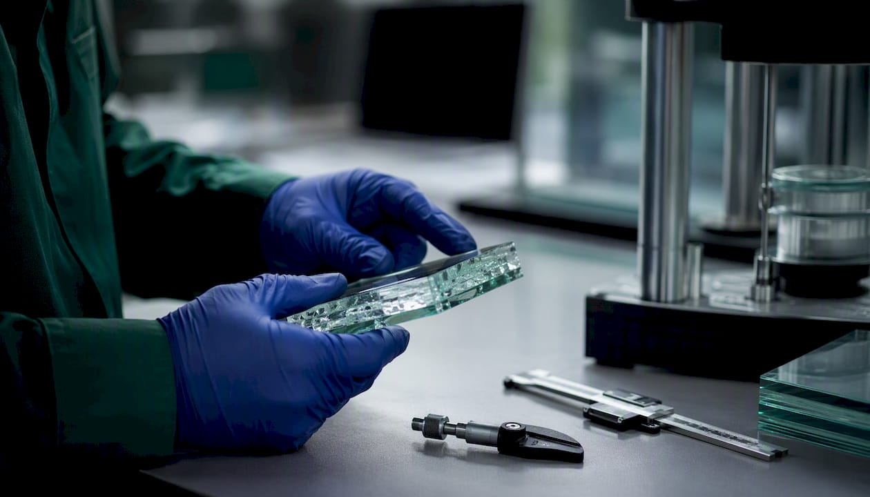 Close-up of technician holding laminated glass sample