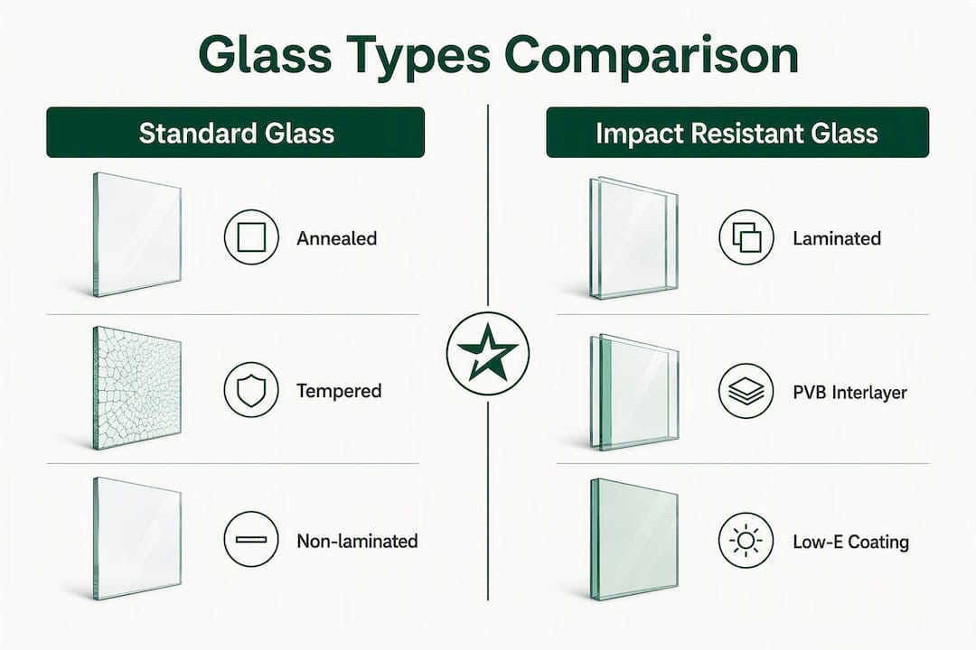 Infographic comparing standard and impact resistant glass types