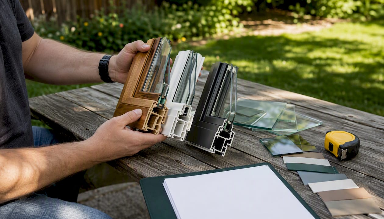 Hands comparing window frame material samples
