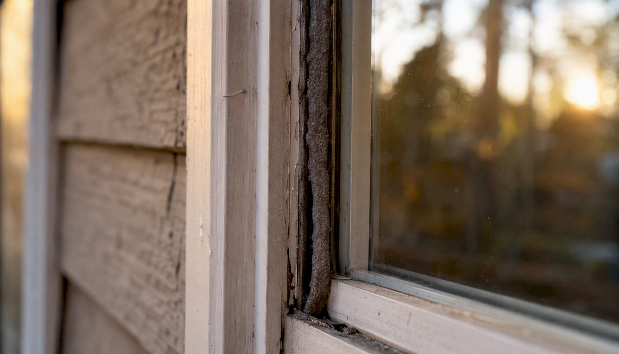 Worn weatherstripping on window sash edge