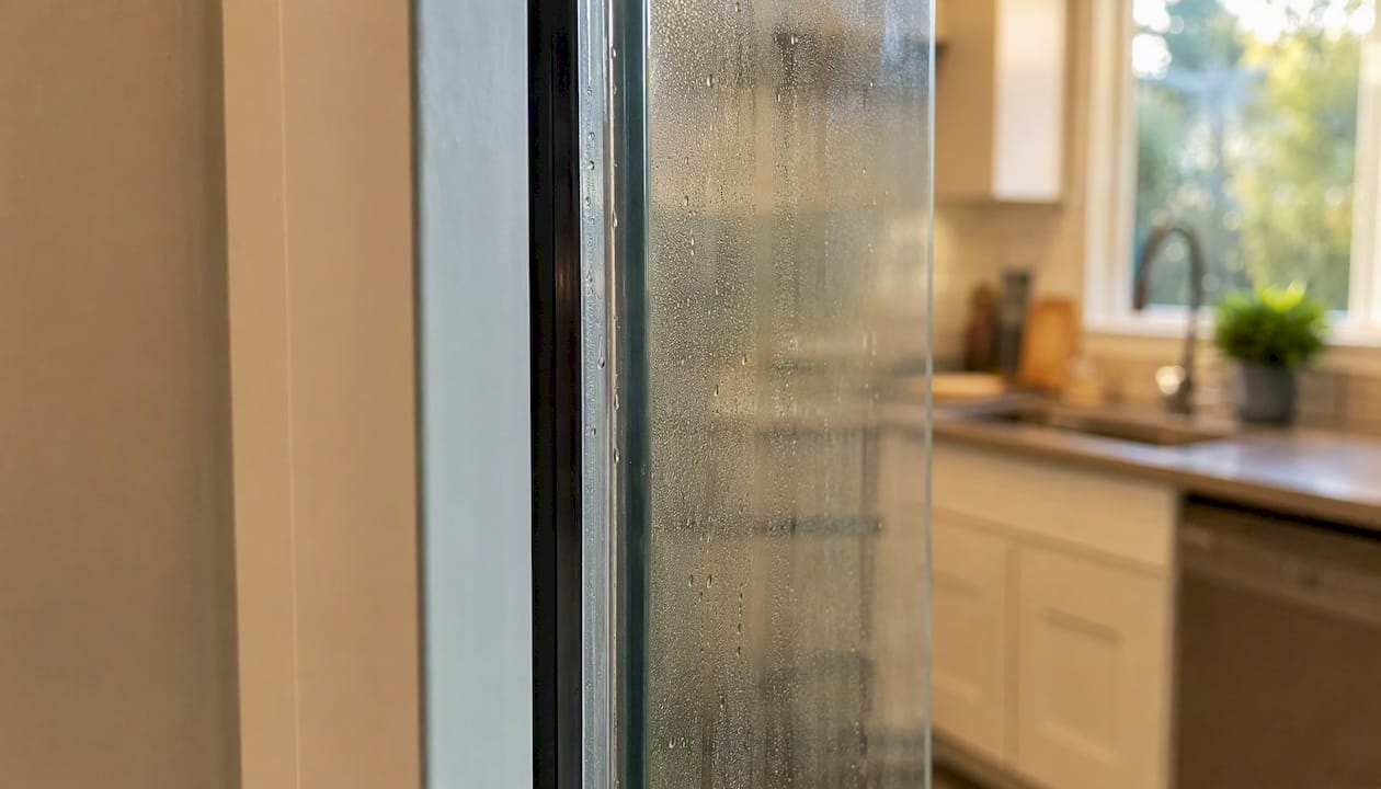 Close-up of laminated double-pane window with acoustic interlayer