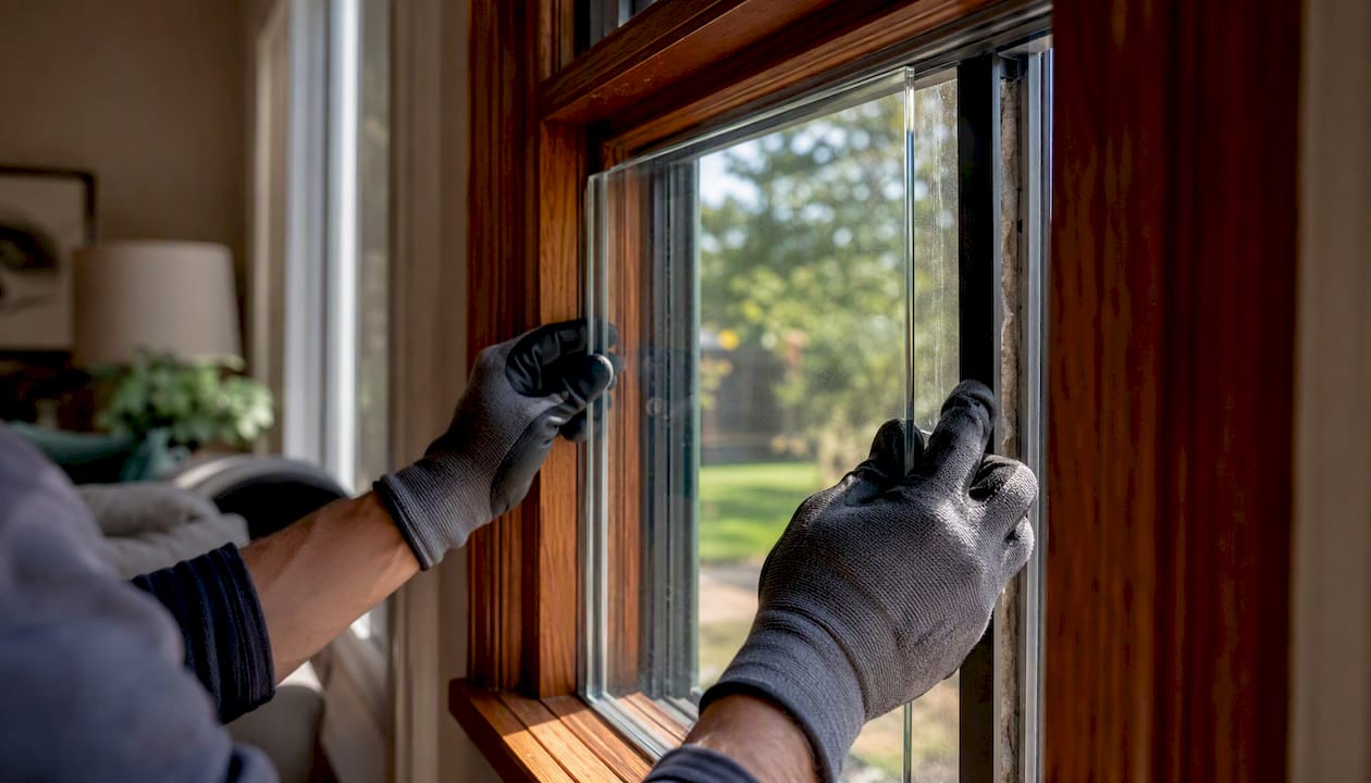 Hands installing secondary internal glazing panel