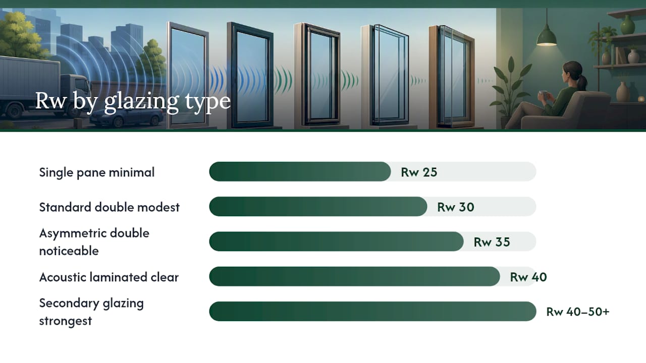 Diagram comparing sound reduction ratings of window glazing types