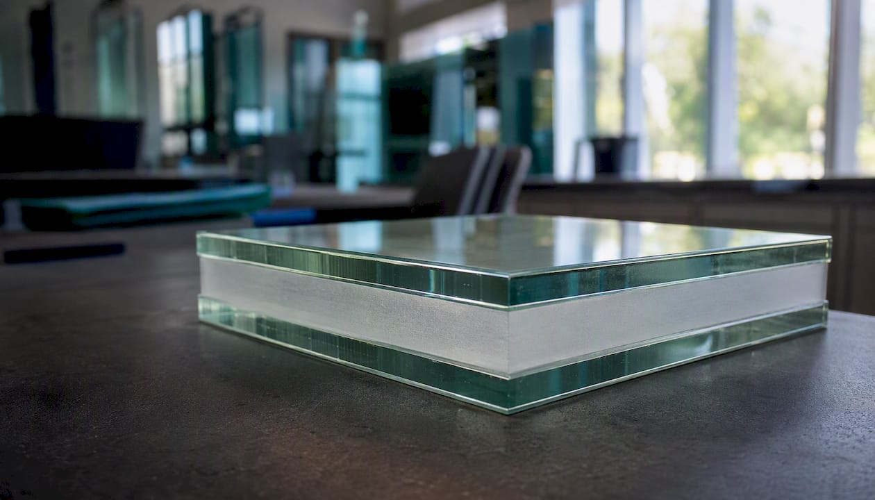 Close-up of laminated glass with SGP interlayer