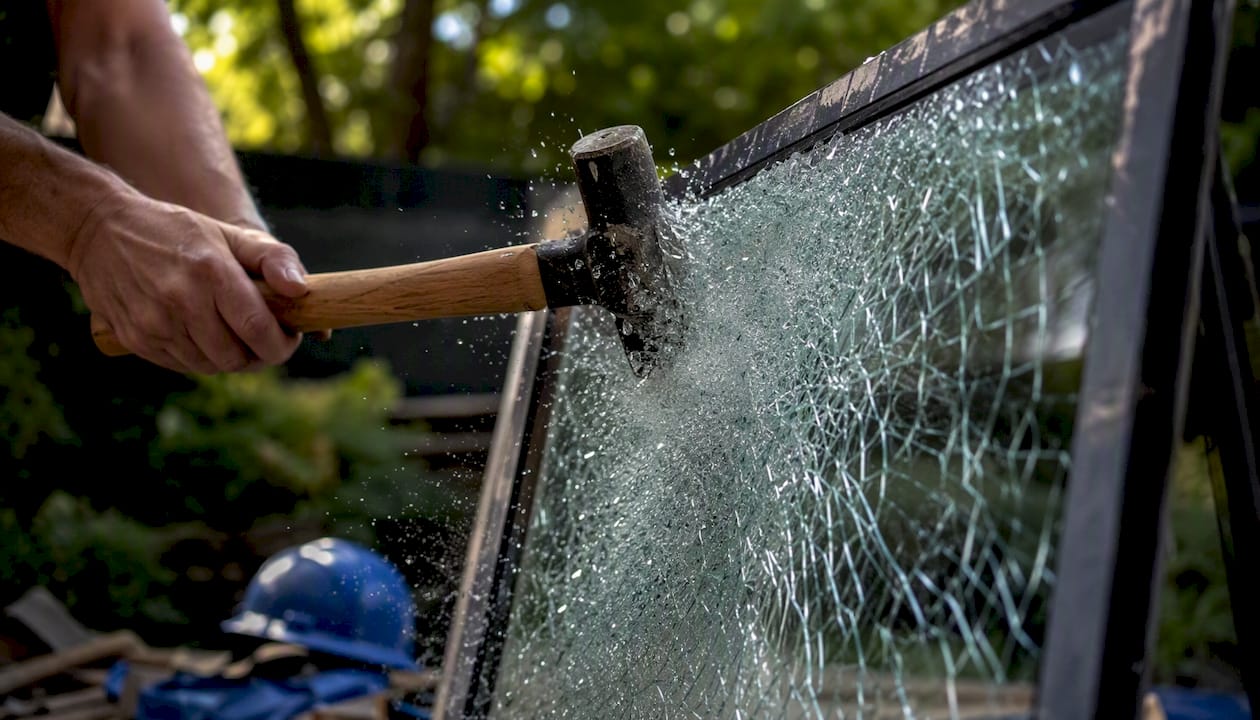 Hammer striking shattered laminated glass