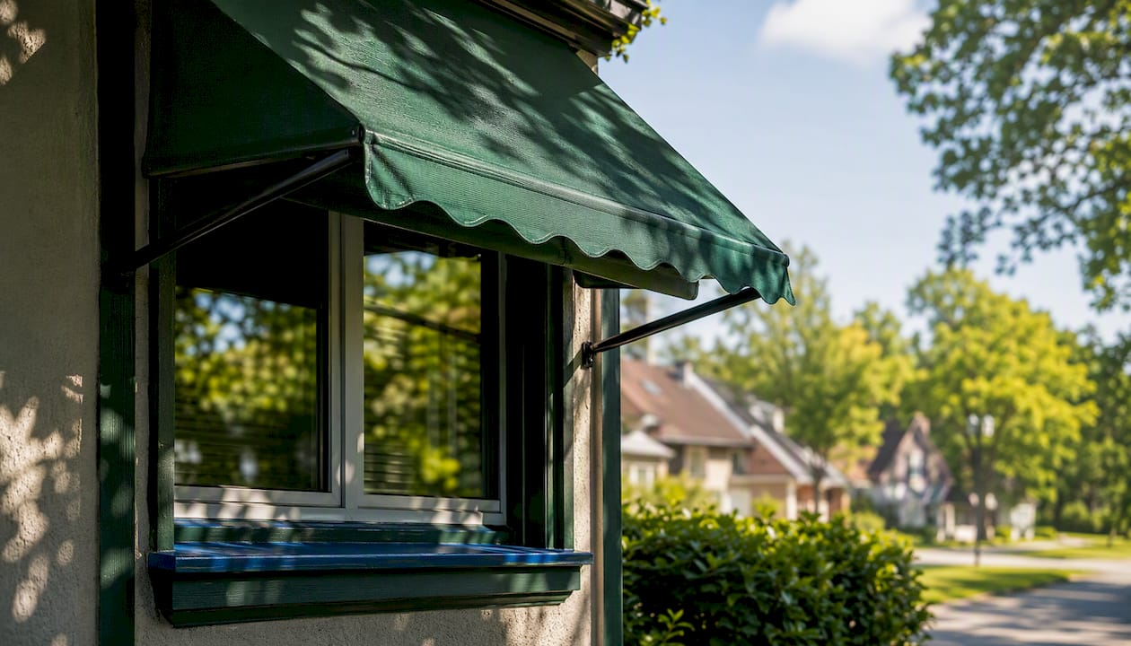 Sunlit window shaded by retractable awning