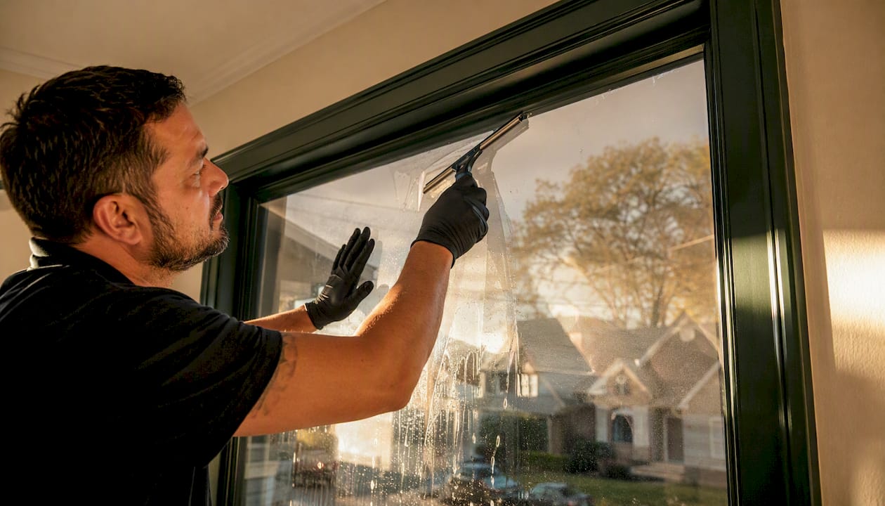 Installer smoothing window film on glass