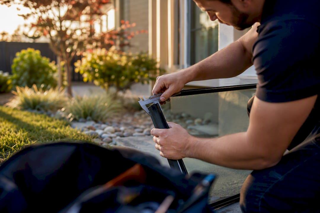 Installer measuring window insulated glass thickness