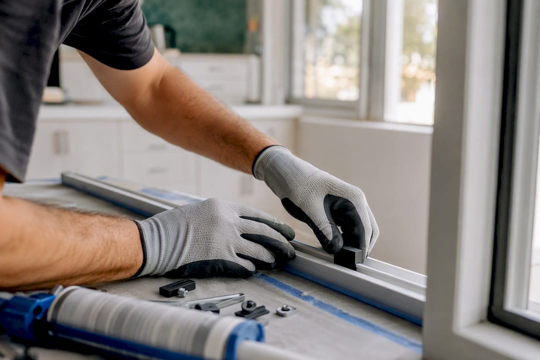 Hands installing window setting block