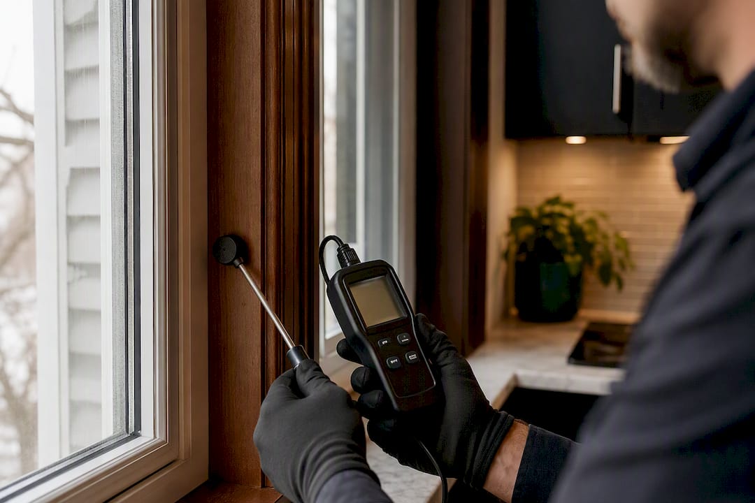 Professional measuring indoor humidity near window