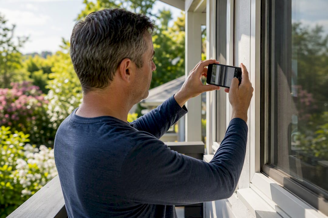 Hands photographing window maintenance with smartphone